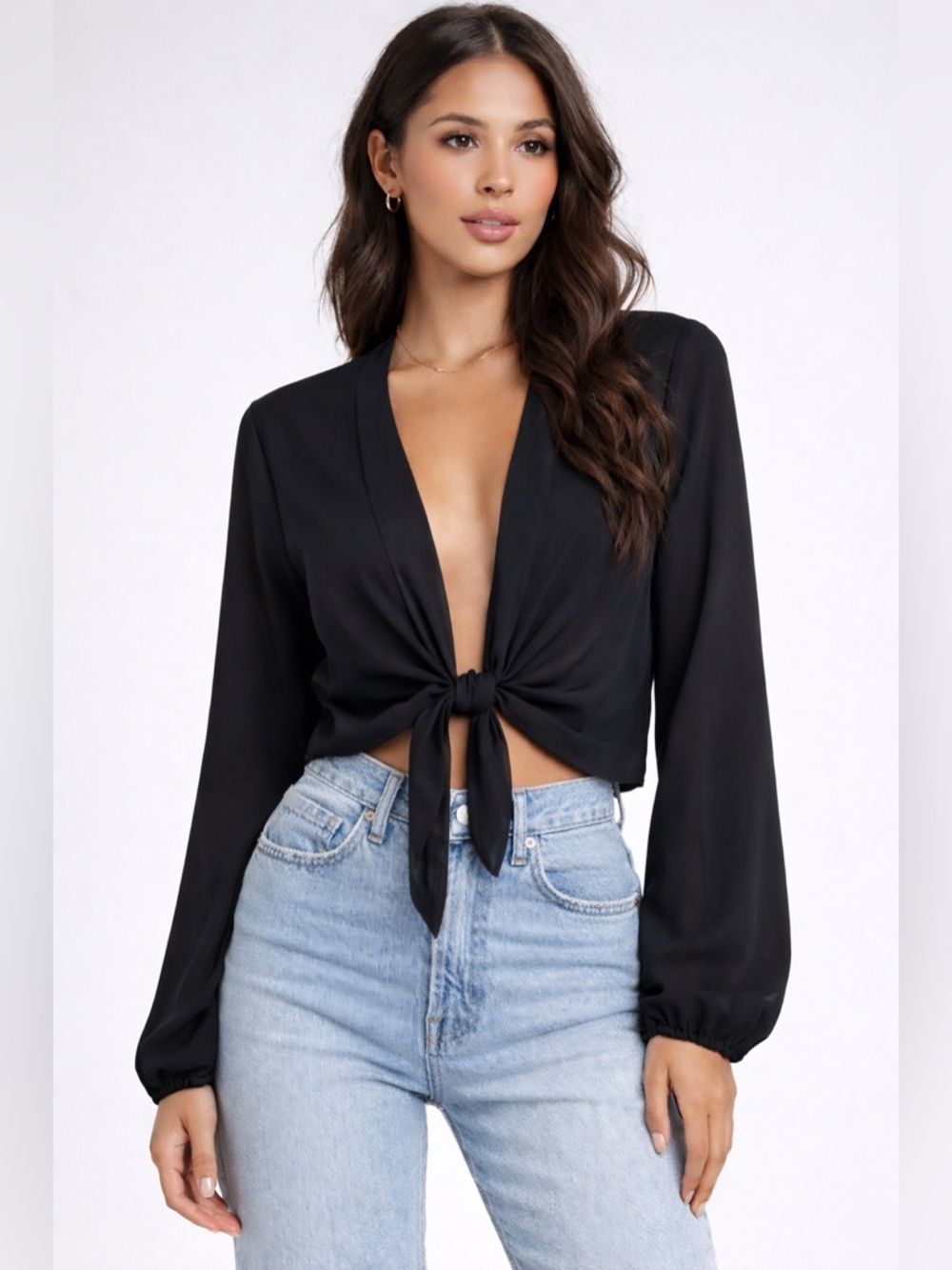 RESA Black Tie Front Crop Top Long Sleeve Blouse Flowy Chic M